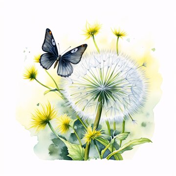 Fototapeta Watercolor painting featuring a blue butterfly landing on a dandelion seedhead
