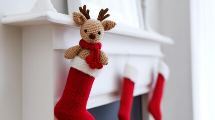 Festive decor with a stuffed reindeer nestled in a red stocking, ready to spread holiday cheer on a white mantlepiece with other stockings in the background.
