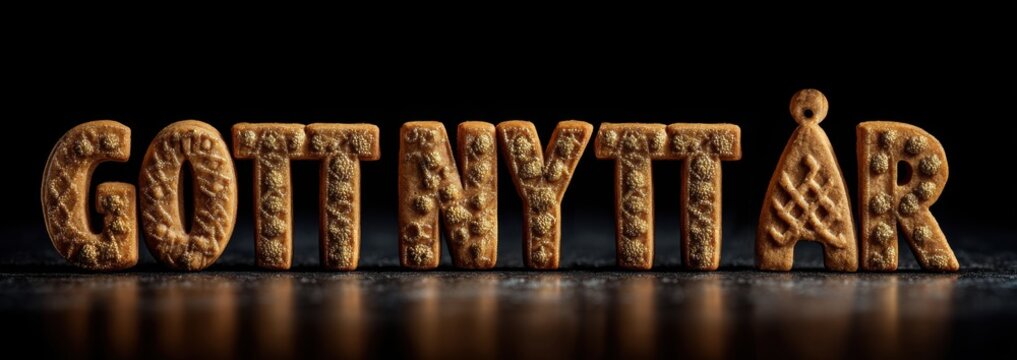 Letter cookies spelling Gott Nytt &Aring;r on dark background