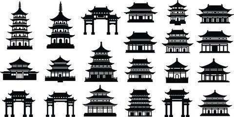 Chinese architecture silhouette, traditional pagoda, temple icons, East Asian design, cultural heritage, vector illustration, black shape, historic buildings