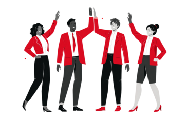 Four diverse professionals in red jackets celebrating with high fives on a black background