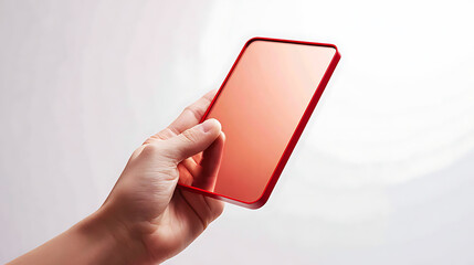 Hand holding a reflective screen device with a red frame. The device is reflecting the surrounding light, creating a visually interesting effect against the clean white background.