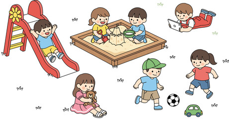 Cute Kids Playing Outdoors Vector Set with Sandbox, Slide, Ball, and Reading Tablet for Summer Camp, Park Activities, and Happy Childhood Desig 