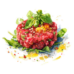 Steak Tartare, watercolor painting, vector illustration, isolated on a white background.