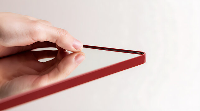 A hand carefully touching the edge of a reflective tablet with a red border, on a plain white surface. The focus is on the precision and delicacy of the touch. Clean minimalistic composition.