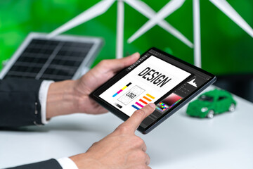 Graphic designer software for modern design of web page and commercial brisk ads showing on the computer screen