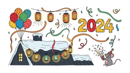Celebration of 2024: A vibrant illustration showcasing the new year, adorned with festive lanterns, colorful balloons, and swirling confetti, symbolizing a year of celebration and joy.