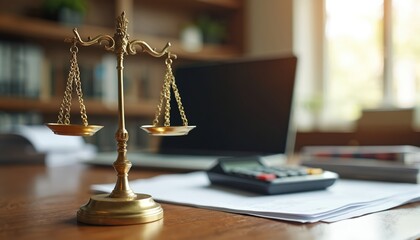Golden scales of justice sit on a wooden desk near a laptop, calculator, and documents. Office setting symbolizes legal proceedings, financial audits, and pro consultation.