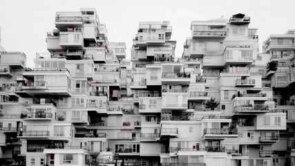 Modern apartment buildings rise against a white sky showcasing innovative architecture and urban living in a city environment