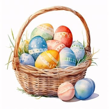 Watercolor illustration of decorated easter eggs in a wicker basket on a white background