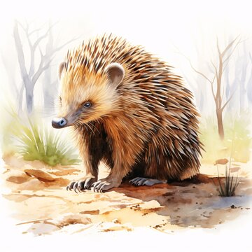 Watercolor painting of echidna resting on the ground in its habitat