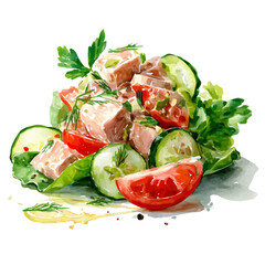 Watercolor painting of Tuna Salad, vector illustration, isolated on white background.