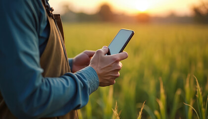 Farmer uses tech for crop monitoring in field. Male person holds smartphone against a blurred background of green plants. Modern farming agricultural business concept with phone screen.