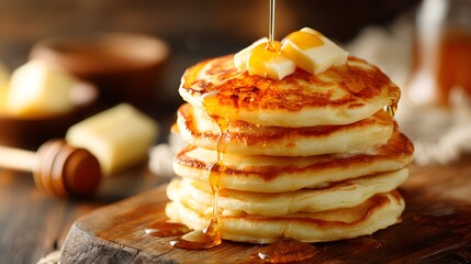 Tower of fluffy pancakes with maple syrup and butter