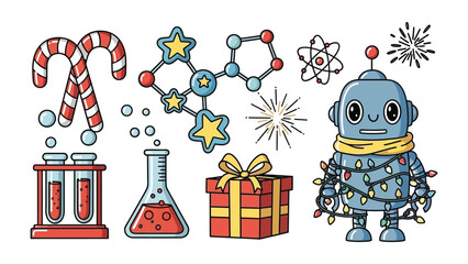 Festive Scientific Wonderland: A delightful assortment of festive and scientific elements come together, featuring a cheerful robot adorned with twinkling lights, holiday treats.