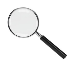A hyperrealistic magnifying glass with a chrome frame and black handle floats on a transparent background with soft shadows. Concept of research and focus