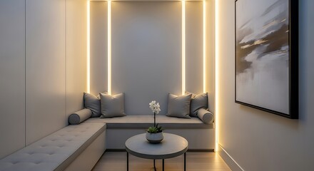 Interior nook with bench seating, pillows, round table, flower, and vertical led lighting elements
