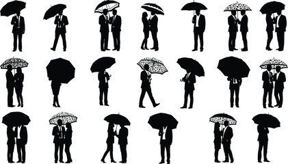 Umbrella silhouette, people walking, rainy day, formal attire, vector clipart, black outline, couple pose, social scene, fashion icon, rain