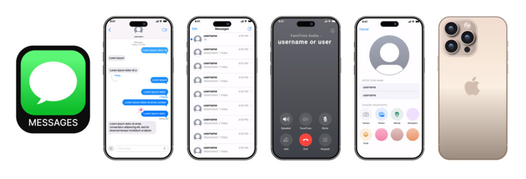 iMessage chat screen mockup template on Apple iPhone frame featuring iMessage bubbles, iMessage list view, FaceTime audio UI, and editable mobile messaging template for clean social communication prev