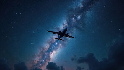 Airplane flies through night sky with milky way galaxy. Dark clouds drift below jet. Stars twinkle in vast cosmos. Journey through universe.