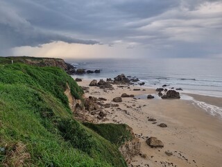 Rocks and flysches of the Bay of Biscay on a cloudy day. Basque country
