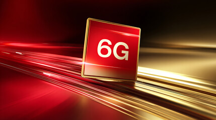 Abstract image representing 6G technology with a red square and golden accents, set against a backdrop of motion blurred light streaks. Symbolizing connectivity, innovation.