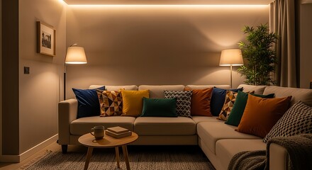 Living room with beige sofa and colorful pillows under warm lighting from lamps and led strip