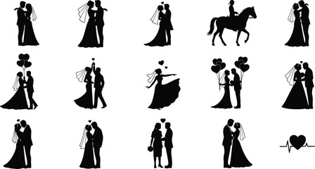 Wedding silhouette, romantic couple, bride groom, love icons, horse bride, heartbeat symbol, kissing pose, dancing couple, marriage clipart, vector art
