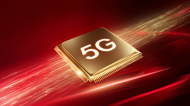 Image of a 5G golden chip with a vibrant red background highlighting network speed. Represents future technology & faster connectivity for global communications.
