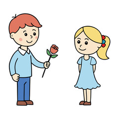 A sweet moment unfolds as a shy boy offers a single rose to a smiling girl, their hands meeting gently in a warm, innocent gesture of young affection and blooming friendship.
