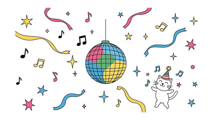 Party Time: An illustration of a playful party scene featuring a disco ball, music notes, confetti, and a cute cat, conveying joy and celebration.