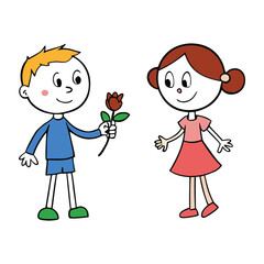 Smiling boy sends bright red hearts to a happy girl, their joy connecting in a sweet, playful moment filled with warmth, affection, and cheerful energy.
