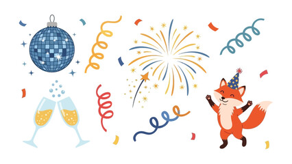 Festive Fox Celebration: A joyful cartoon fox wearing a party hat revels in a celebratory scene, surrounded by confetti, fireworks, champagne glasses, a disco ball, and colorful streamers.