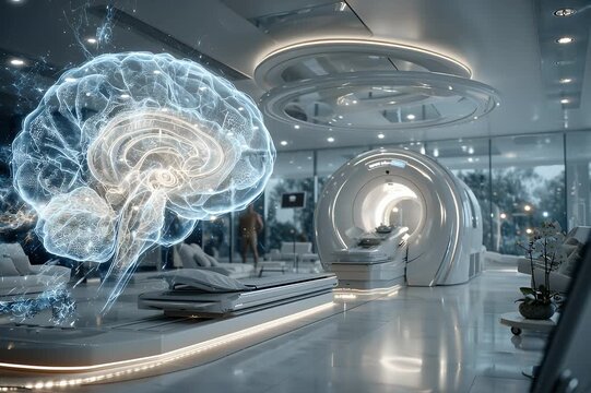 Futuristische MRT-Szene mit digitalem 3D-Gehirnmodell in moderner Klinik