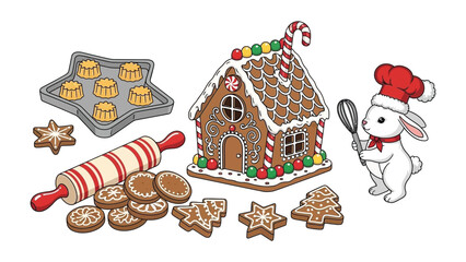 Festive Cookie Creation: A delightful scene of gingerbread house components and cookies is ready for the holidays. Capturing the spirit of holiday baking with essential tools and decorations.