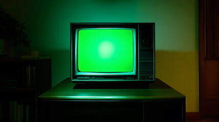 Vintage TV glows green in a dimly lit room, casting an eerie yet nostalgic light. Retro design meets modern screen tech. Classic television, new possibilities.