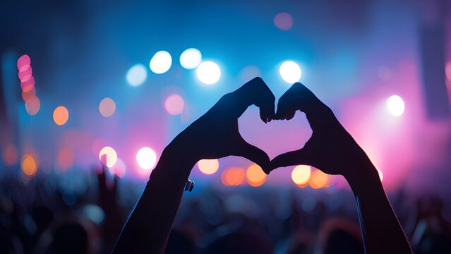 Moment hand gestures moment at a live music festival concert spotlight silhouette. The "devil horns" or "rock on" hand gesture, symbol of approval and enthusiasm at rock and heavy metal shows. 