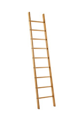 an immaculate, centered wooden ladder made of light brown oak with six perfect rungs, standing upright against a transparent studio background, emphasizing upward mobility and achievement concept