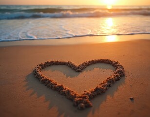 Heart shape drawn on sandy beach at golden sunrise. Sea wave washes seashore with warm light. Romantic love symbol for travel vacation, honeymoon, wedding anniversary. Beautiful message of passion