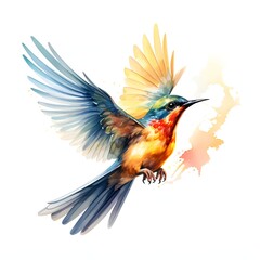 Obraz premium Colorful hummingbird with wings spread in watercolor painting style against a white backdrop