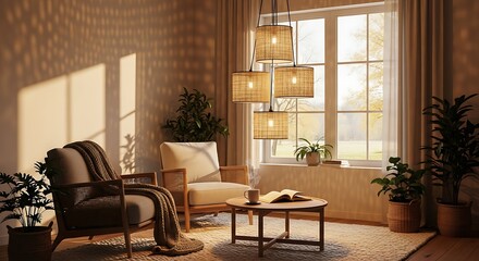Cozy living room with natural light and woven pendant lamps creating a warm atmosphere inside