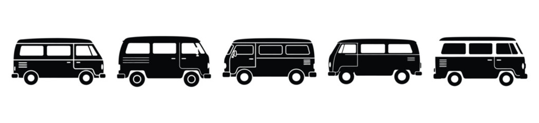 Set of beach surf van vector icon in silhouette design. summer design concepts.