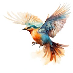 Fototapeta premium Watercolor depiction of a vibrant lilac-breasted roller in flight against a white background