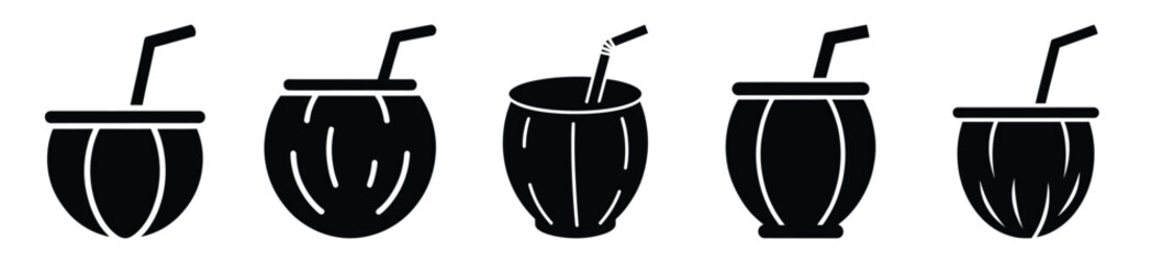 Set of coconut straw cup vector icon in silhouette design. summer design concepts.