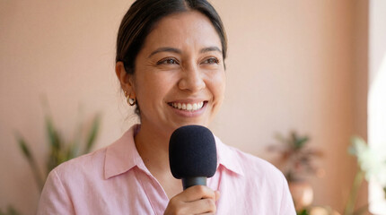 Smiling woman speaking into microphone indoors during casual presentation with soft natural light and blurred plants in background