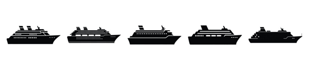 Obraz premium Set of cruise ship vector icon in silhouette design. summer design concepts.
