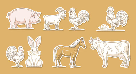 White Farm Animals Collection Set on Yellow Background