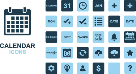 Calendar icon set with schedule, event, planner, reminder, date, editable vector, UI design, productivity, interface, outline style, symbols