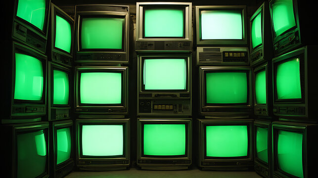 A stack of outdated television sets showcases vintage technology with glowing green screens, set against a dark background, evoking a sense of nostalgia and retro charm.
