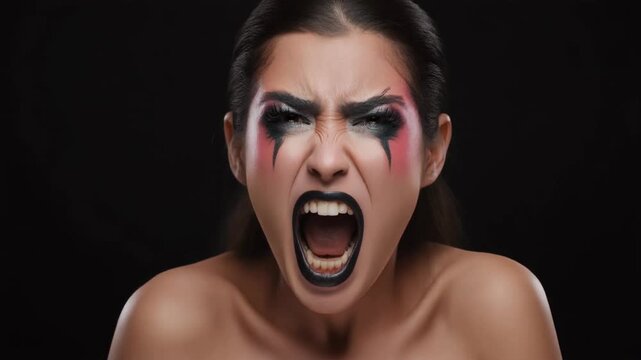 Intense emotional outburst from brunette woman with bold expressive makeup captured mid-scream revealing raw dramatic tension and striking cinematic presence